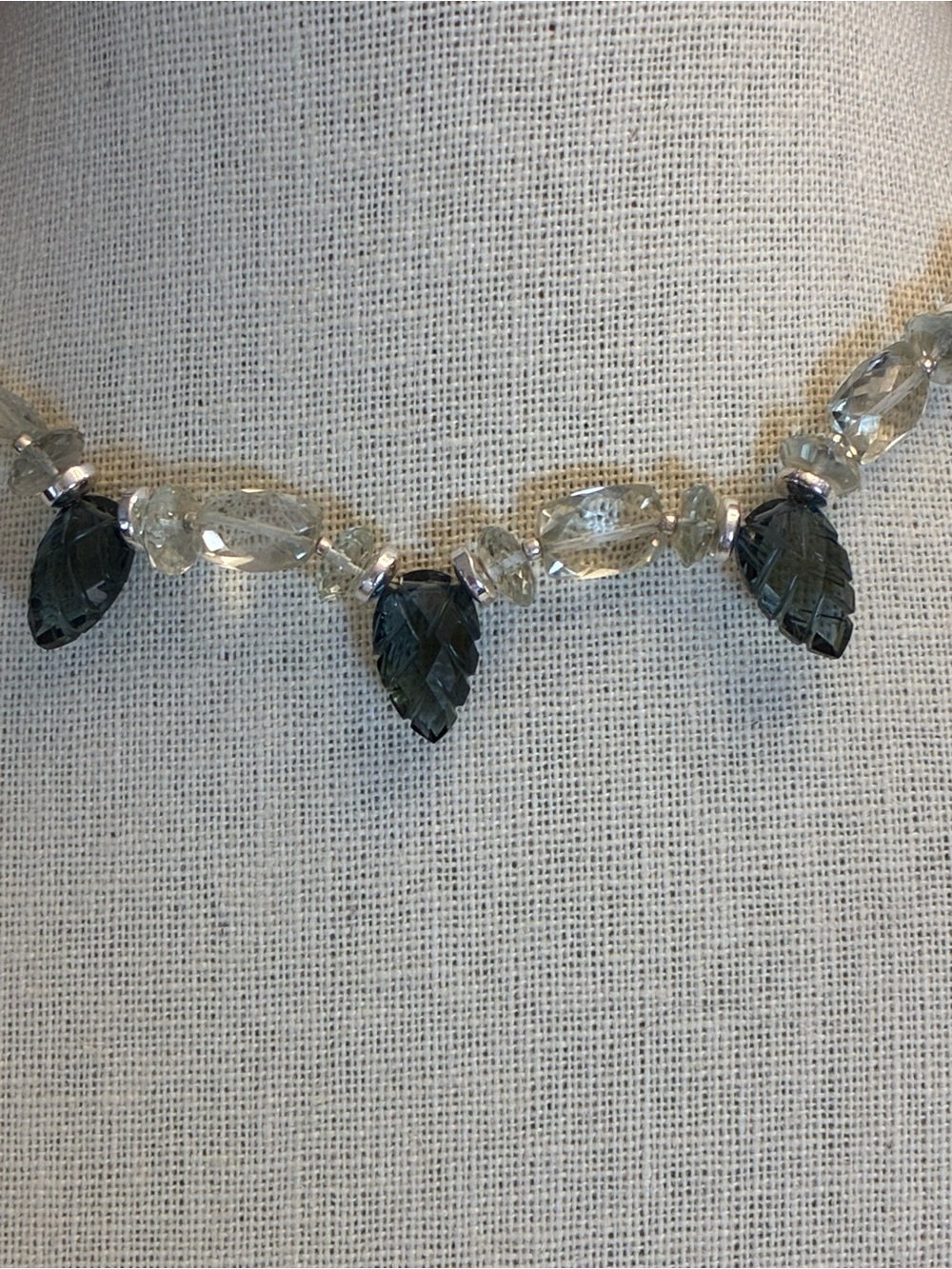 SALE Light Green Amethyst Necklace with Stone Leaf Drops & Sterling Silver